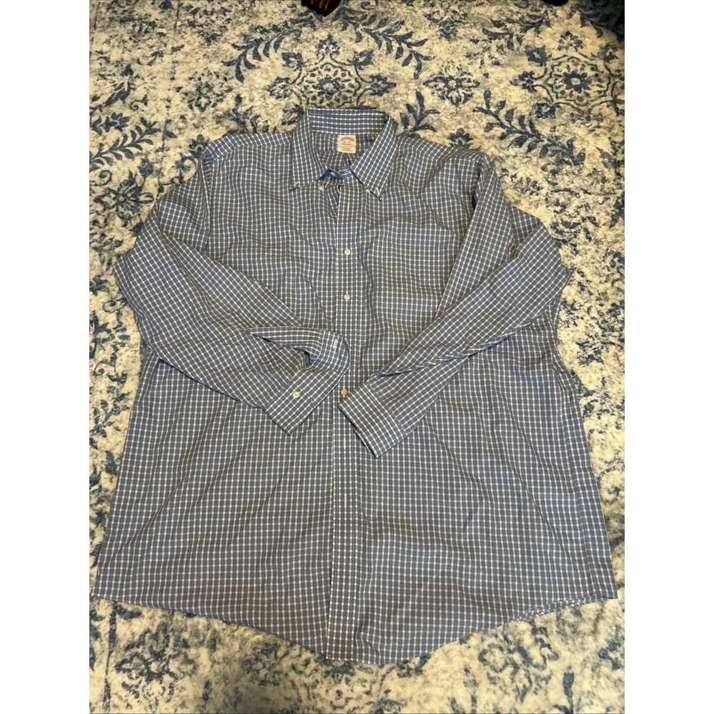 Brooks Brothers Shirt Mens 18.5 34 Blue White Check Traditional Fit Chest Pocket